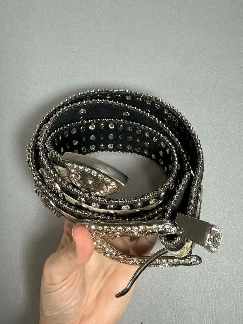 Western Y2K Cowhide Hair-On Rhinestone Concho Belt S/M Black Silver Cowgirl Glam